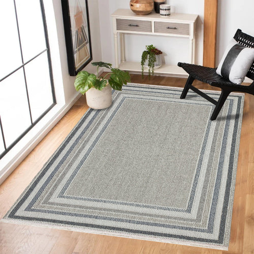 Mavi Çerçeveli Modern Etnik Desenli Halı  | Makinada Yıkanabilir | Hav Toz Vermez | Leke Tutmayan | Kaymaz Taban | Dijital Makine Baskı | Salon Yolluk Mutfak Halısı