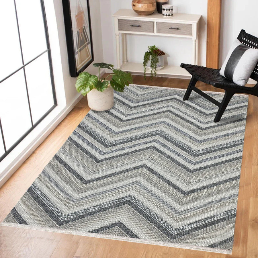 Antrasit Gri Geometrik Modern Halı - Yıkanabilir - Kaymaz Taban - Pati Dostu