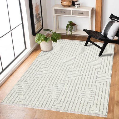 Krem Geometrik Modern Etnik Desenli Halı  | Makinada Yıkanabilir | Hav Toz Vermez | Leke Tutmayan | Kaymaz Taban | Dijital Makine Baskı | Salon Yolluk Mutfak Halısı