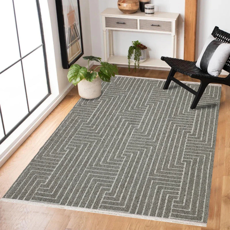 Antrasit Gri Geometrik Modern Halı - Yıkanabilir - Kaymaz Taban - Pati Dostu
