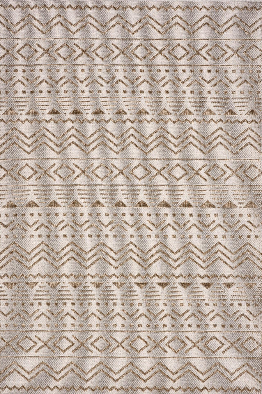 Cream and Tan Brown Ethnic Geometric Area Rug – in the living room