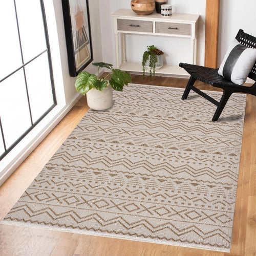 Bej Geometrik Modern Etnik Desenli Halı  | Makinada Yıkanabilir | Hav Toz Vermez | Leke Tutmayan | Kaymaz Taban | Dijital Makine Baskı | Salon Yolluk Mutfak Halısı