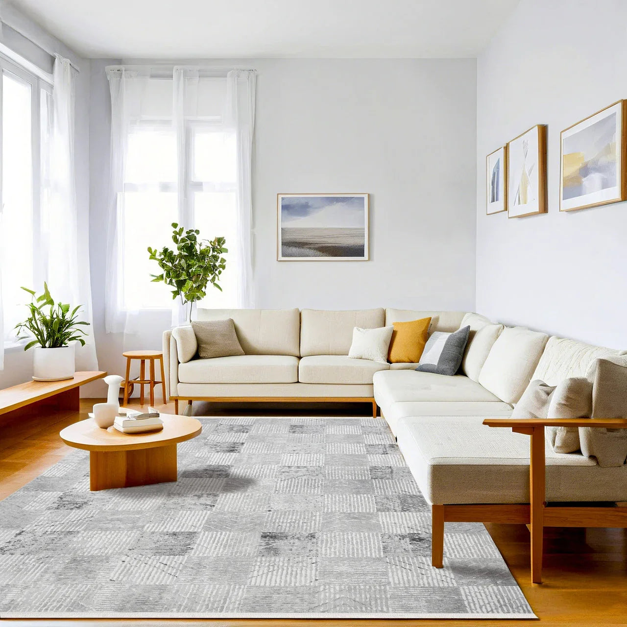 Beyaz Gri Geometrik Kareli Halı - Yıkanabilir - Kaymaz Taban - Pati Dostu