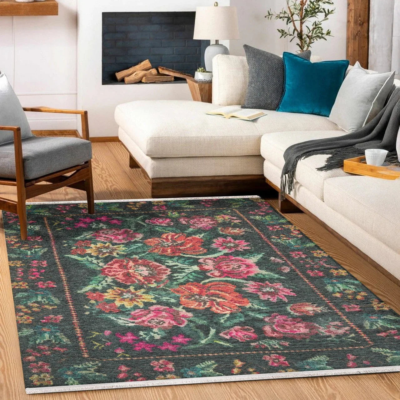 Kırmızı Siyah Karabağ Modern Halı - Yıkanabilir - Kaymaz Taban - Pati Dostu