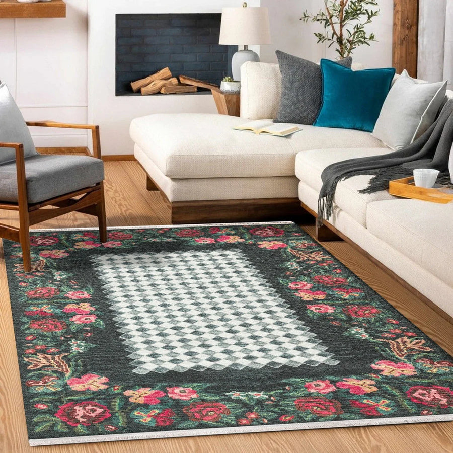 Beyaz Siyah Karabağ Modern Halı - Yıkanabilir - Kaymaz Taban - Pati Dostu