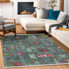 Gri Karabağ Modern Etnik Desenli Halı  | Makinada Yıkanabilir | Hav Toz Vermez | Leke Tutmayan | Kaymaz Taban | Dijital Makine Baskı | Salon Yolluk Mutfak Halısı