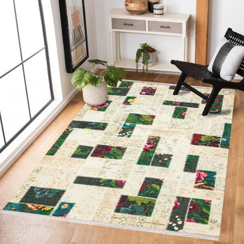 Krem Karabağ Modern Etnik Desenli Halı  | Makinada Yıkanabilir | Hav Toz Vermez | Leke Tutmayan | Kaymaz Taban | Dijital Makine Baskı | Salon Yolluk Mutfak Halısı