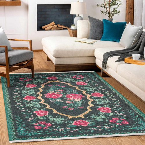 Siyah Karabağ Modern Etnik Desenli Halı  | Makinada Yıkanabilir | Hav Toz Vermez | Leke Tutmayan | Kaymaz Taban | Dijital Makine Baskı | Salon Yolluk Mutfak Halısı