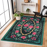 Dark Green Pink Classic Floral Bedroom Rug