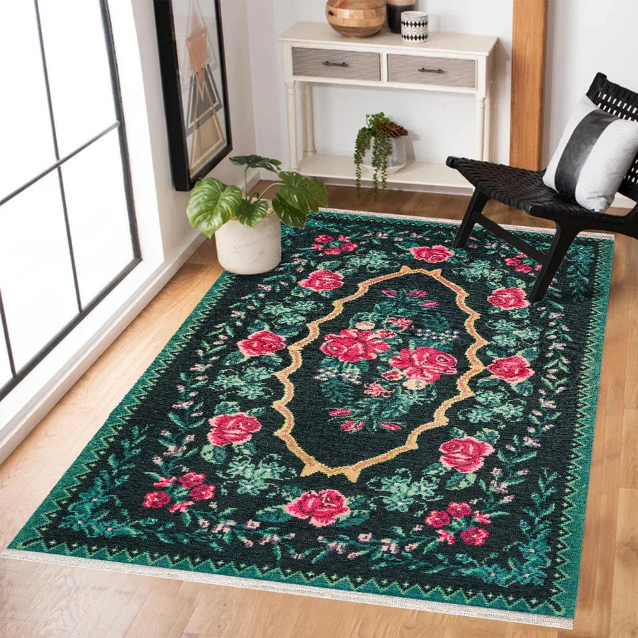 Kırmızı Siyah Karabağ Modern Halı - Yıkanabilir - Kaymaz Taban - Pati Dostu