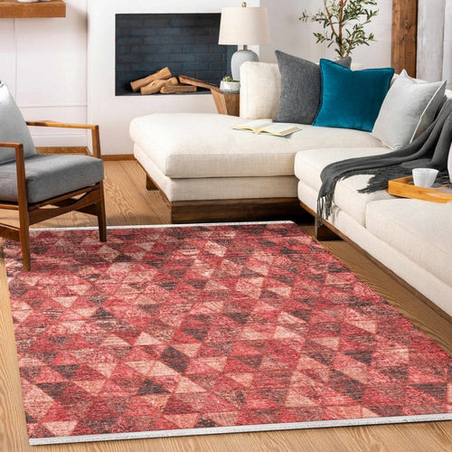 Kırmızı Geometrik Modern Etnik Desenli Halı  | Makinada Yıkanabilir | Hav Toz Vermez | Leke Tutmayan | Kaymaz Taban | Dijital Makine Baskı | Salon Yolluk Mutfak Halısı