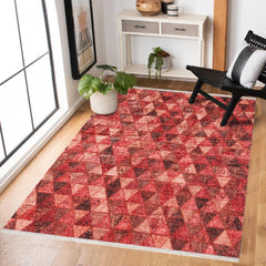 Kırmızı Geometrik Modern Etnik Desenli Halı  | Makinada Yıkanabilir | Hav Toz Vermez | Leke Tutmayan | Kaymaz Taban | Dijital Makine Baskı | Salon Yolluk Mutfak Halısı