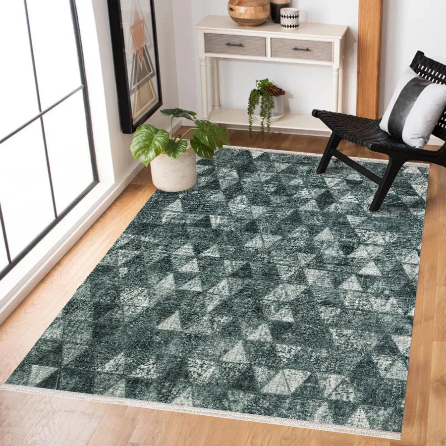 Gri Geometrik Modern Halı - Yıkanabilir - Kaymaz Taban - Pati Dostu