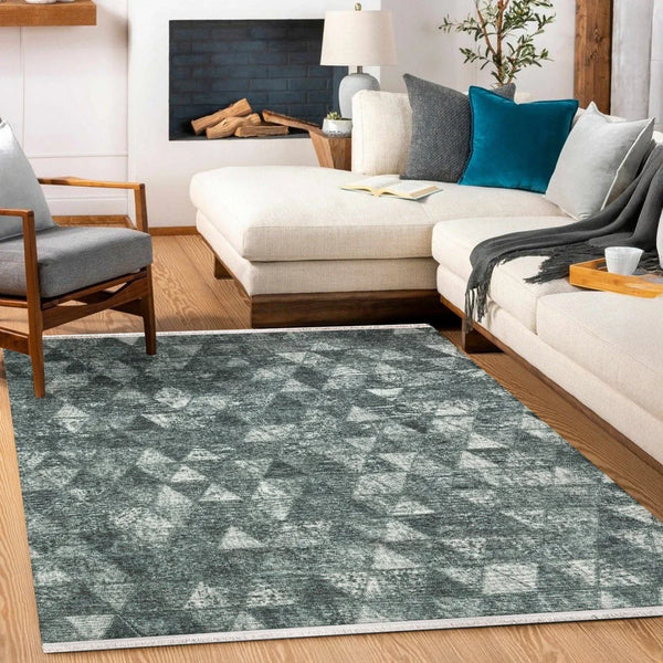 Gri Geometrik Modern Halı - Yıkanabilir - Kaymaz Taban - Pati Dostu