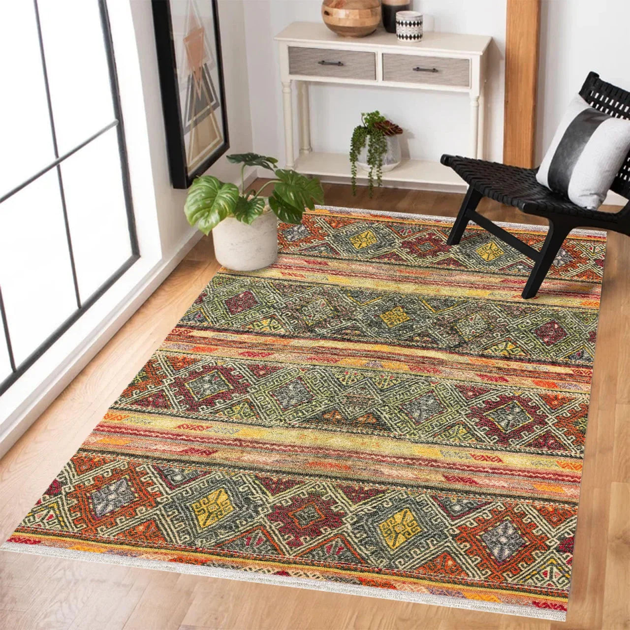 Etnik Kilim Halı - Yıkanabilir - Kaymaz Taban - Pati Dostu