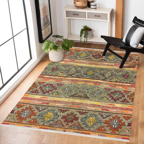 Turuncu Etnik Modern Etnik Desenli Halı  | Makinada Yıkanabilir | Hav Toz Vermez | Leke Tutmayan | Kaymaz Taban | Dijital Makine Baskı | Salon Yolluk Mutfak Halısı