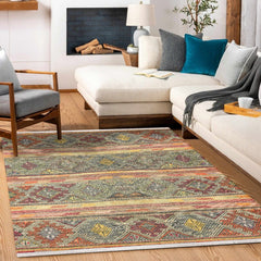 Turuncu Etnik Modern Etnik Desenli Halı  | Makinada Yıkanabilir | Hav Toz Vermez | Leke Tutmayan | Kaymaz Taban | Dijital Makine Baskı | Salon Yolluk Mutfak Halısı