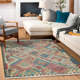 Red Blue Bohemian Geometric Living Room Rug - Polyester