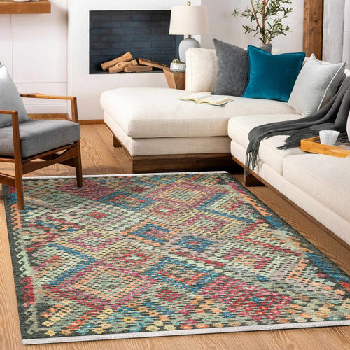 Gri Etnik Modern Etnik Desenli Halı  | Makinada Yıkanabilir | Hav Toz Vermez | Leke Tutmayan | Kaymaz Taban | Dijital Makine Baskı | Salon Yolluk Mutfak Halısı