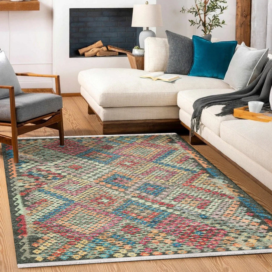 Gri Mavi Etnik Geometrik Halı - Yıkanabilir - Kaymaz Taban - Pati Dostu
