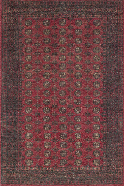 Kırmızı Çerçeveli Modern Etnik Desenli Halı  | Makinada Yıkanabilir | Hav Toz Vermez | Leke Tutmayan | Kaymaz Taban | Dijital Makine Baskı | Salon Yolluk Mutfak Halısı