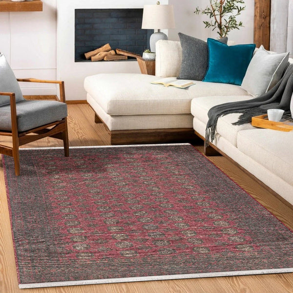 Gri Kırmızı Etnik Modern Halı - Yıkanabilir - Kaymaz Taban - Pati Dostu