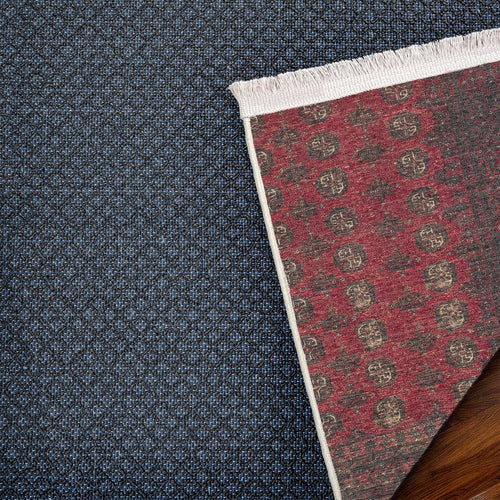 Kırmızı Çerçeveli Modern Etnik Desenli Halı  | Makinada Yıkanabilir | Hav Toz Vermez | Leke Tutmayan | Kaymaz Taban | Dijital Makine Baskı | Salon Yolluk Mutfak Halısı