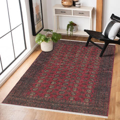 Kırmızı Çerçeveli Modern Etnik Desenli Halı  | Makinada Yıkanabilir | Hav Toz Vermez | Leke Tutmayan | Kaymaz Taban | Dijital Makine Baskı | Salon Yolluk Mutfak Halısı