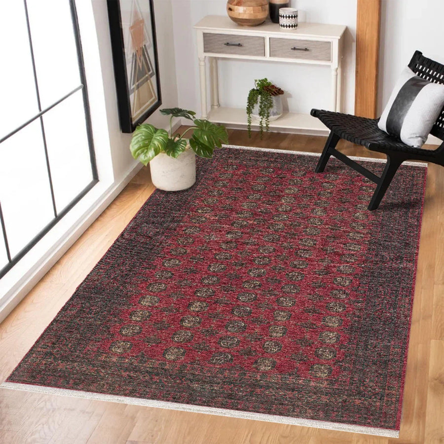 Gri Kırmızı Etnik Modern Halı - Yıkanabilir - Kaymaz Taban - Pati Dostu