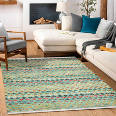 Mavi Geometrik Modern Etnik Desenli Halı  | Makinada Yıkanabilir | Hav Toz Vermez | Leke Tutmayan | Kaymaz Taban | Dijital Makine Baskı | Salon Yolluk Mutfak Halısı