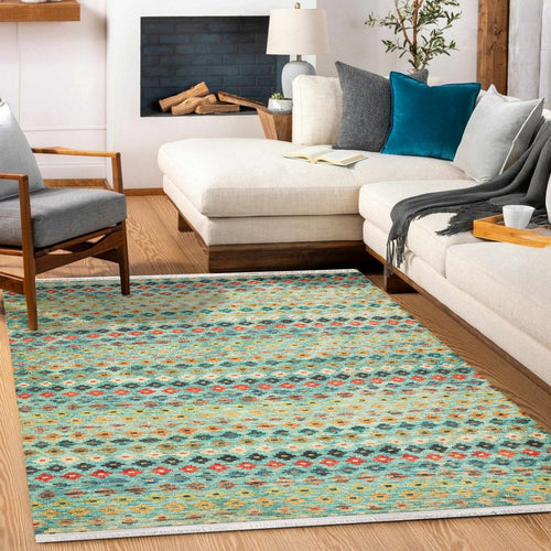 Mavi Geometrik Modern Etnik Desenli Halı  | Makinada Yıkanabilir | Hav Toz Vermez | Leke Tutmayan | Kaymaz Taban | Dijital Makine Baskı | Salon Yolluk Mutfak Halısı