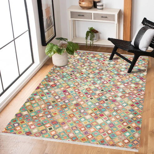 Bej Geometrik Modern Etnik Desenli Halı  | Makinada Yıkanabilir | Hav Toz Vermez | Leke Tutmayan | Kaymaz Taban | Dijital Makine Baskı | Salon Yolluk Mutfak Halısı