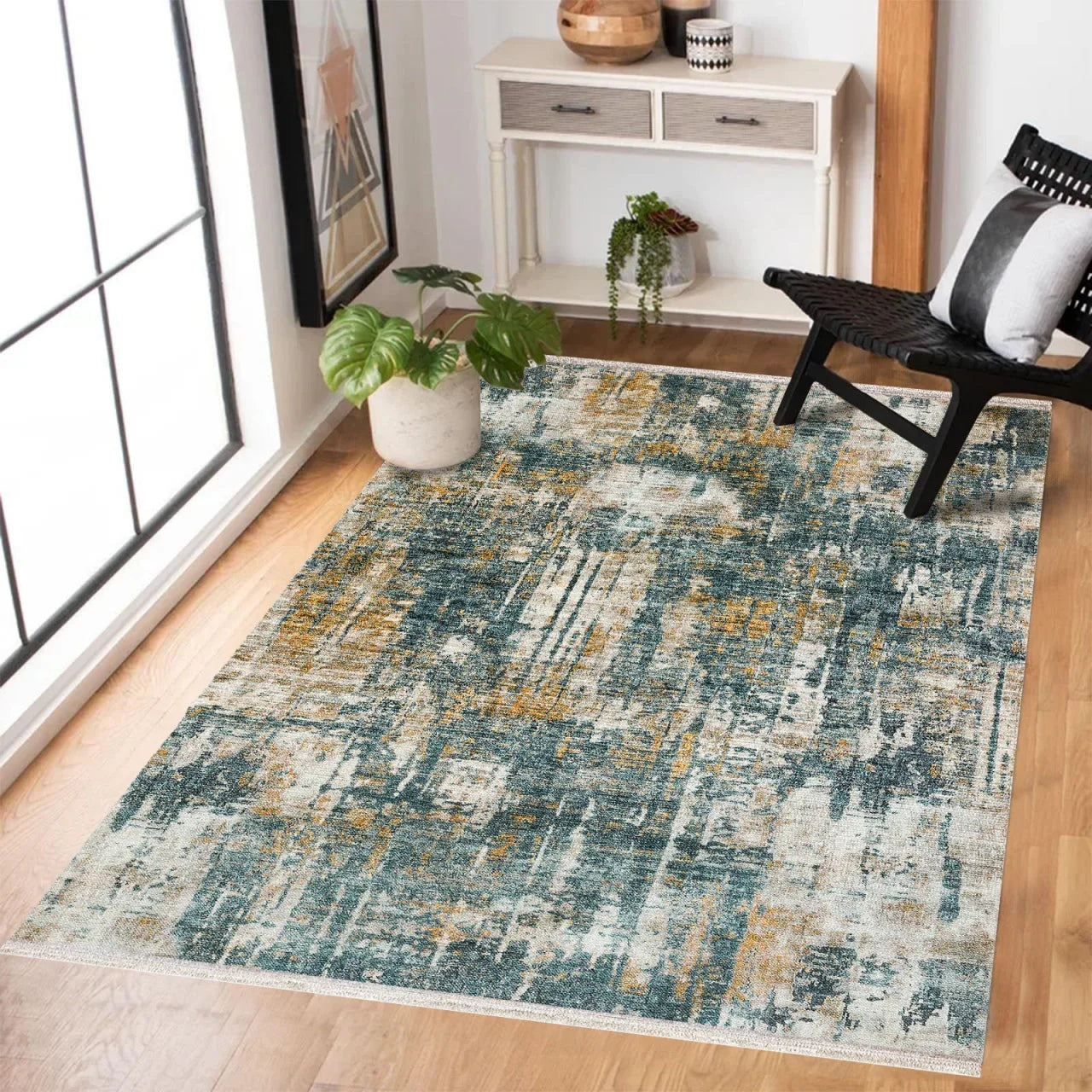 Bej Gold Eskitme Modern Halı - Yıkanabilir - Kaymaz Taban - Pati Dostu