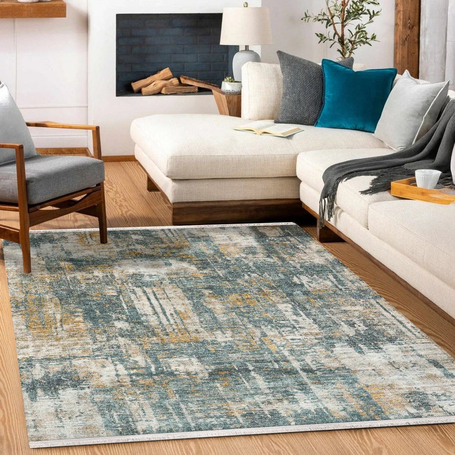 Bej Gold Eskitme Modern Halı - Yıkanabilir - Kaymaz Taban - Pati Dostu