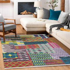 Renkli Patchwork Modern Etnik Desenli Halı  | Makinada Yıkanabilir | Hav Toz Vermez | Leke Tutmayan | Kaymaz Taban | Dijital Makine Baskı | Salon Yolluk Mutfak Halısı