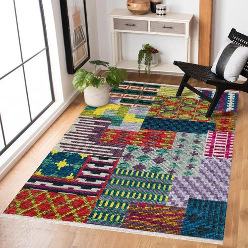Renkli Patchwork Modern Etnik Desenli Halı  | Makinada Yıkanabilir | Hav Toz Vermez | Leke Tutmayan | Kaymaz Taban | Dijital Makine Baskı | Salon Yolluk Mutfak Halısı