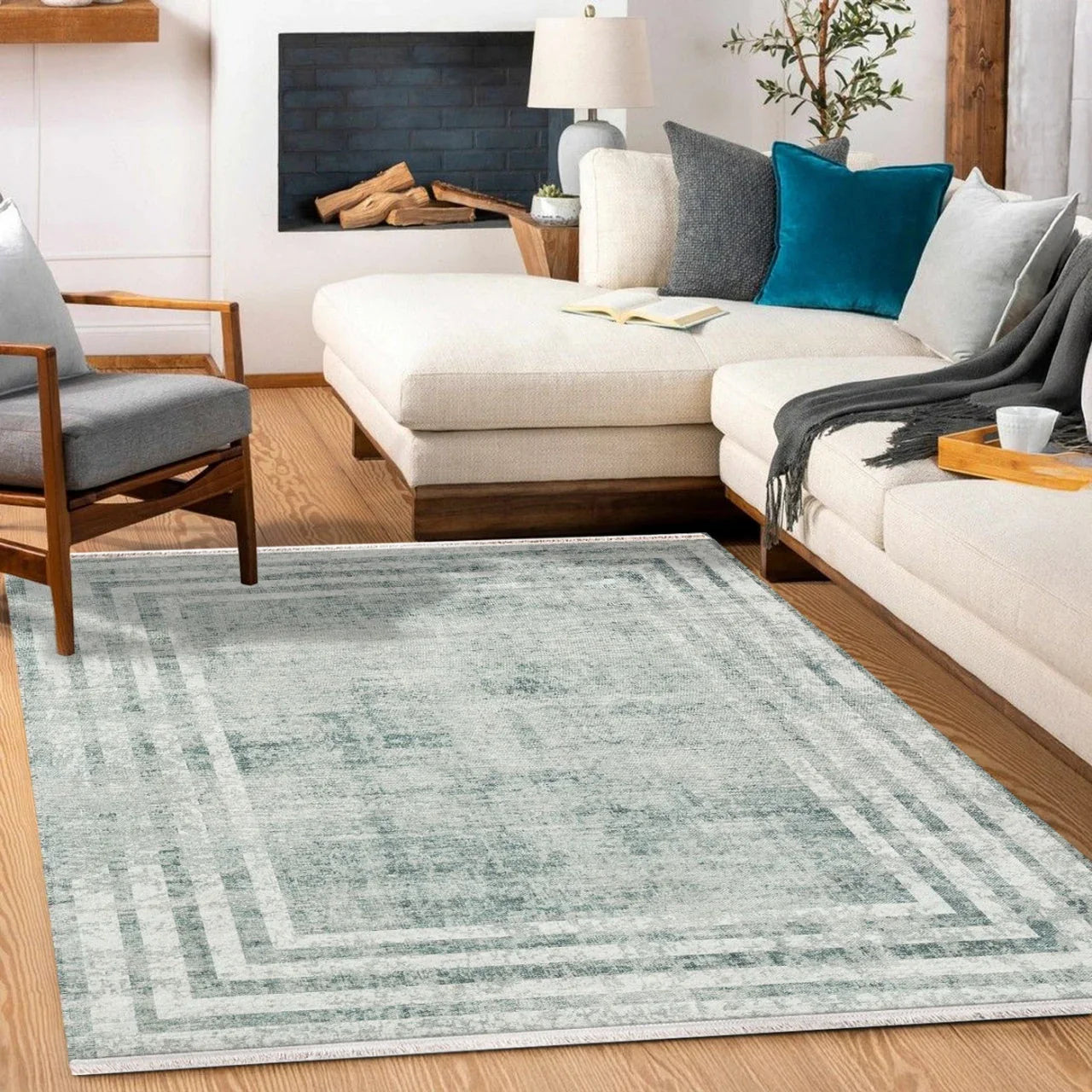 Krem Eskitme Modern Halı - Yıkanabilir - Kaymaz Taban - Pati Dostu