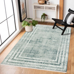 Mavi Çerçeveli Modern Etnik Desenli Halı  | Makinada Yıkanabilir | Hav Toz Vermez | Leke Tutmayan | Kaymaz Taban | Dijital Makine Baskı | Salon Yolluk Mutfak Halısı