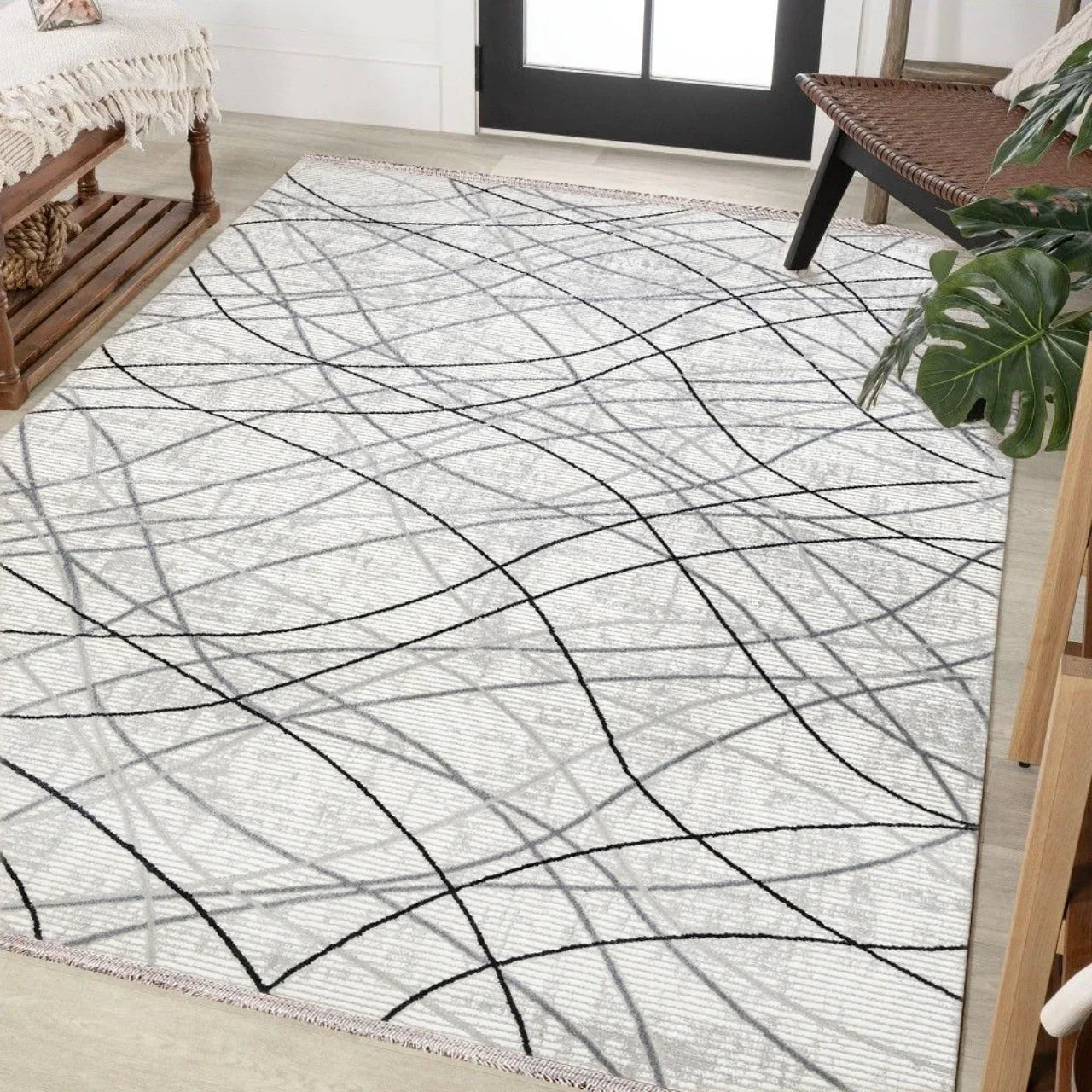 Gri Siyah Geometrik Minimalist Halı - Yıkanabilir - Kaymaz Taban - Pati Dostu