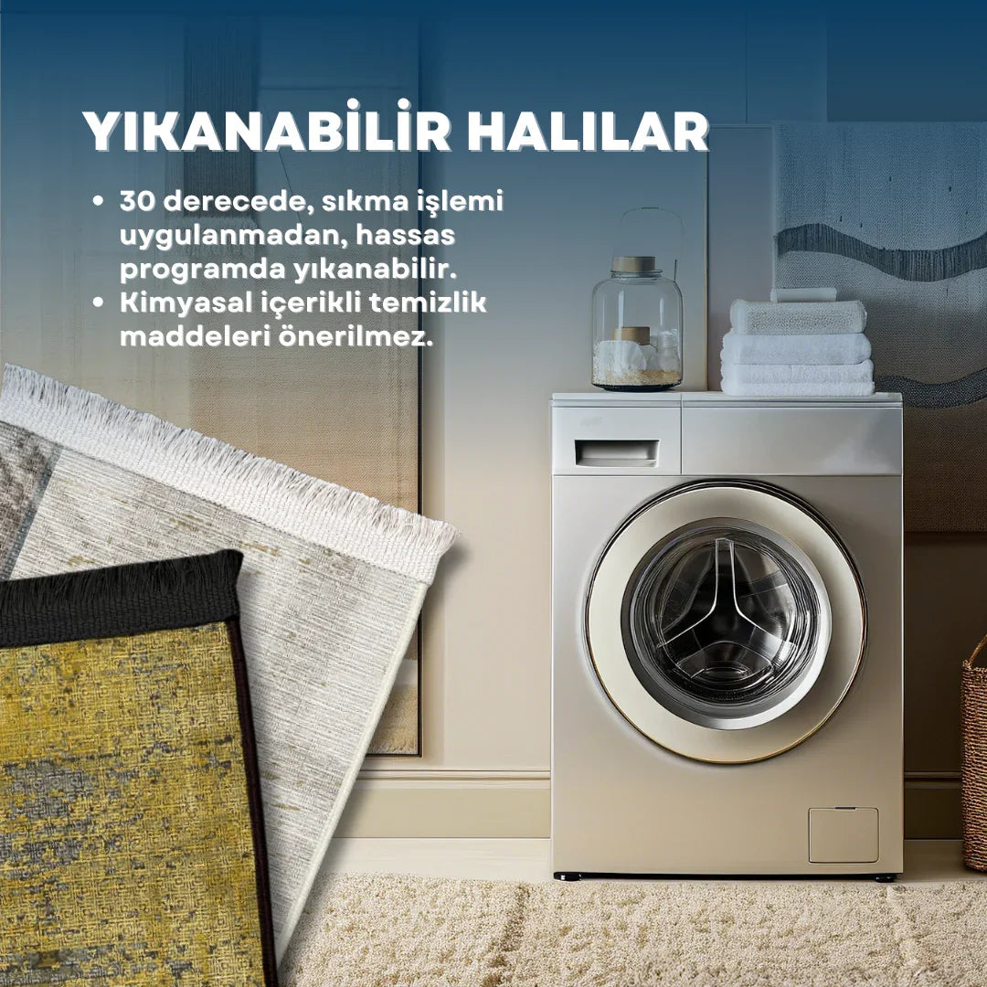 Mavi Etnik Geometrik Halı - Yıkanabilir - Kaymaz Taban - Pati Dostu