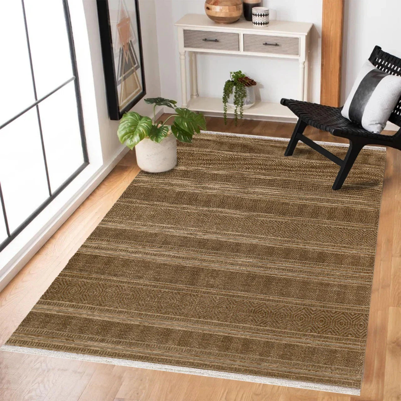 Bej Düz Modern Halı - Yıkanabilir - Kaymaz Taban - Pati Dostu