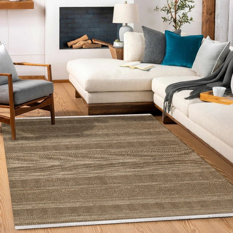 Bej Düz Modern Halı - Yıkanabilir - Kaymaz Taban - Pati Dostu