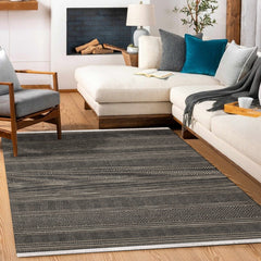 Antrasit Etnik Modern Etnik Desenli Halı  | Makinada Yıkanabilir | Hav Toz Vermez | Leke Tutmayan | Kaymaz Taban | Dijital Makine Baskı | Salon Yolluk Mutfak Halısı