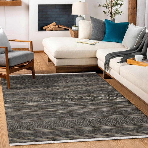 Antrasit Etnik Modern Etnik Desenli Halı  | Makinada Yıkanabilir | Hav Toz Vermez | Leke Tutmayan | Kaymaz Taban | Dijital Makine Baskı | Salon Yolluk Mutfak Halısı