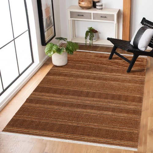 Turuncu Etnik Modern Etnik Desenli Halı  | Makinada Yıkanabilir | Hav Toz Vermez | Leke Tutmayan | Kaymaz Taban | Dijital Makine Baskı | Salon Yolluk Mutfak Halısı