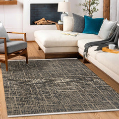 Antrasit Geometrik Modern Etnik Desenli Halı  | Makinada Yıkanabilir | Hav Toz Vermez | Leke Tutmayan | Kaymaz Taban | Dijital Makine Baskı | Salon Yolluk Mutfak Halısı