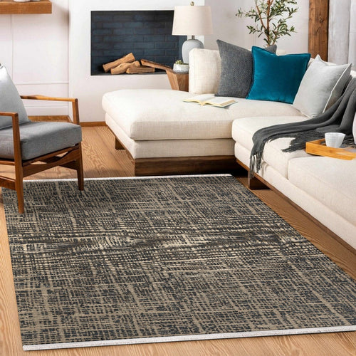 Antrasit Geometrik Modern Etnik Desenli Halı  | Makinada Yıkanabilir | Hav Toz Vermez | Leke Tutmayan | Kaymaz Taban | Dijital Makine Baskı | Salon Yolluk Mutfak Halısı