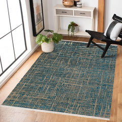 Mavi Geometrik Modern Etnik Desenli Halı  | Makinada Yıkanabilir | Hav Toz Vermez | Leke Tutmayan | Kaymaz Taban | Dijital Makine Baskı | Salon Yolluk Mutfak Halısı