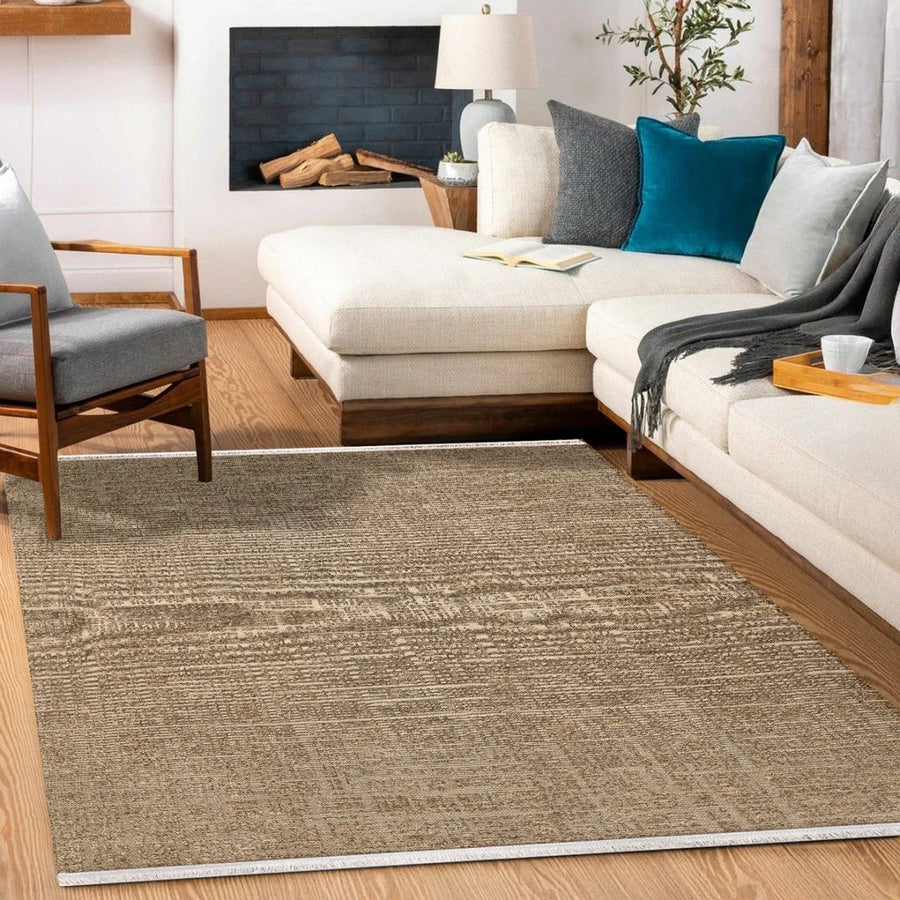 Bej Düz Modern Halı - Yıkanabilir - Kaymaz Taban - Pati Dostu