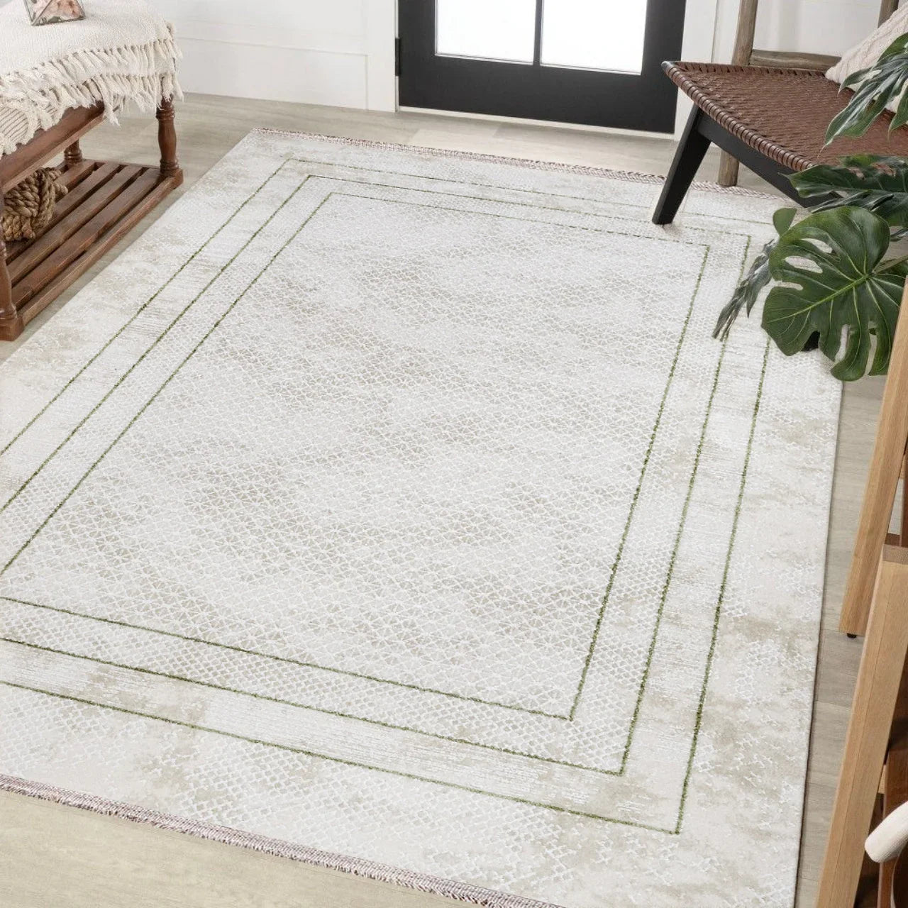 Beyaz Geometrik Minimalist Halı - Yıkanabilir - Kaymaz Taban - Pati Dostu